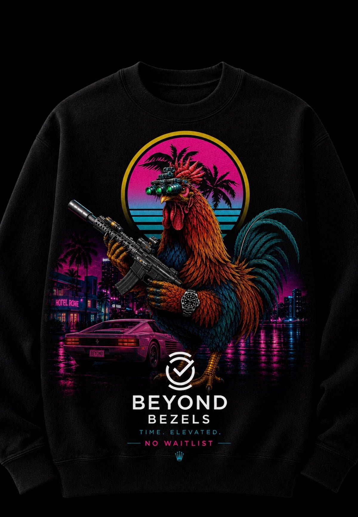 Beyond Bezels Night Shift black crewneck with night vision rooster Miami neon graphic