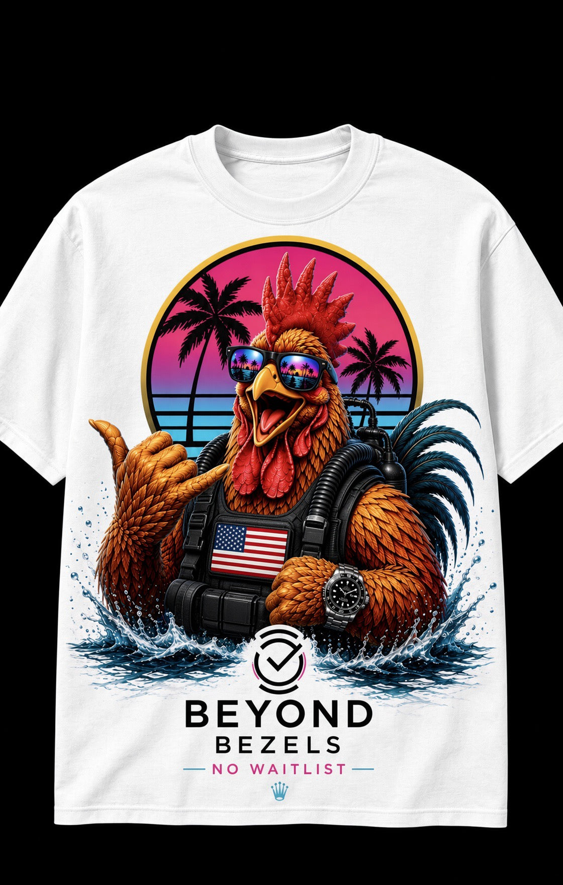 Deep Dive Tee — white heavyweight t-shirt with dive rooster artwork, Beyond Bezels Drop 001