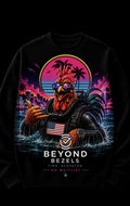 Deep Dive Crewneck — black heavyweight sweatshirt with Miami-sunset dive rooster print, Beyond Bezels Drop 001