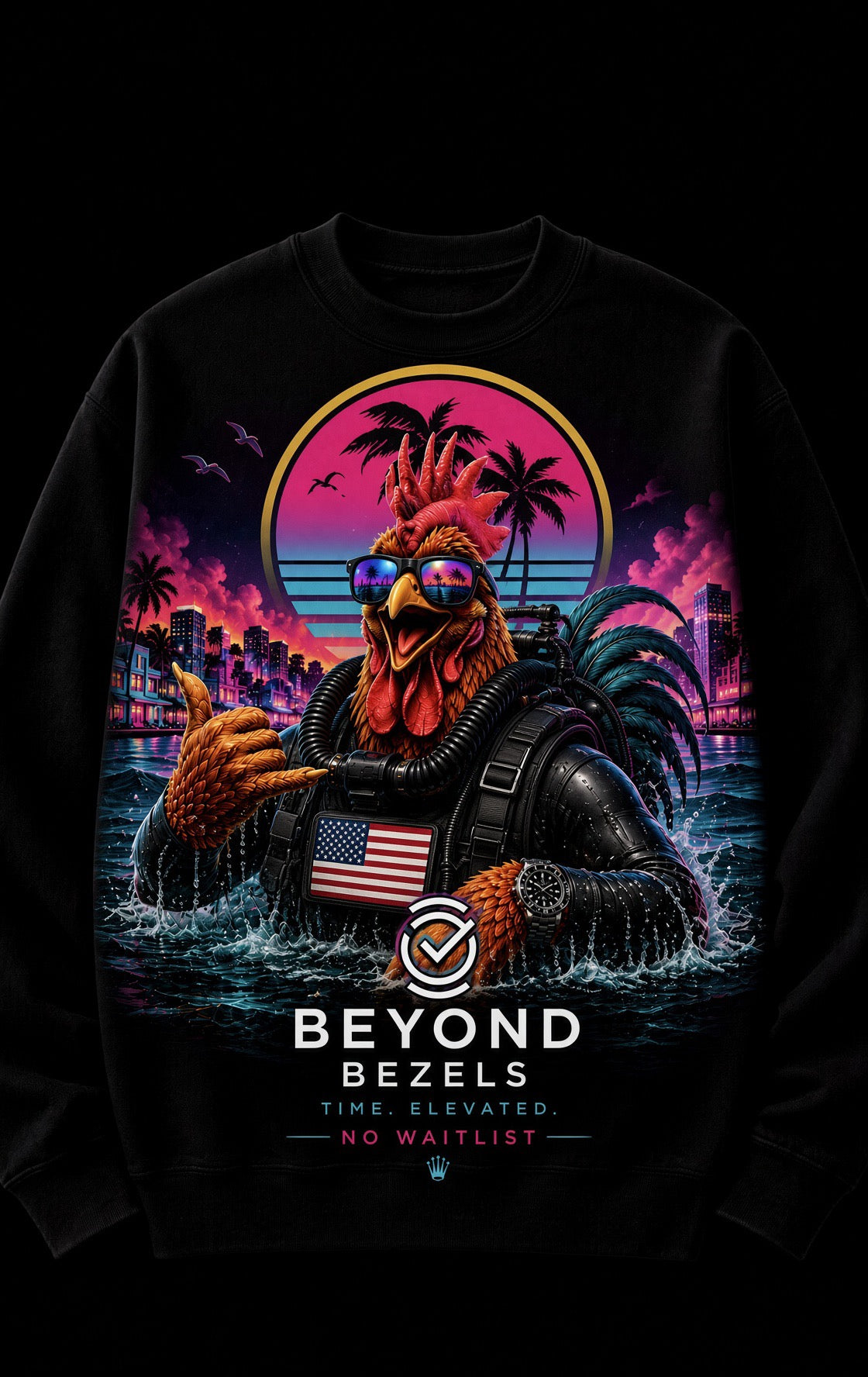 Deep Dive Crewneck — black heavyweight sweatshirt with Miami-sunset dive rooster print, Beyond Bezels Drop 001